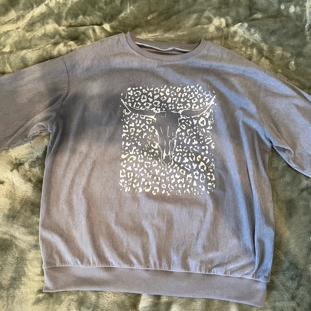 Dusty Blue Sweatshirt with Bull and Leopard Print